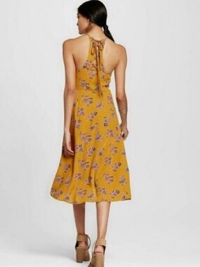 Yellow Floral Halter Midi Dress Lace-Up Back Boho Summer sz Small